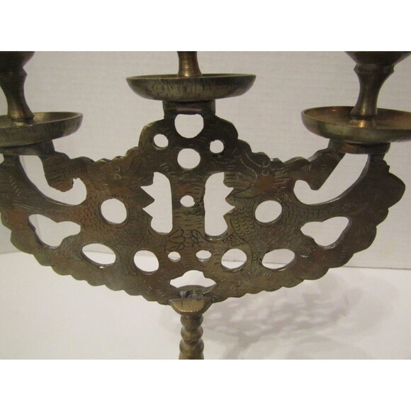 Antique Brass Judea Sabbath Double Dragon 3 Candle Candelabra Solid Brass Etched - Picture 7 of 7